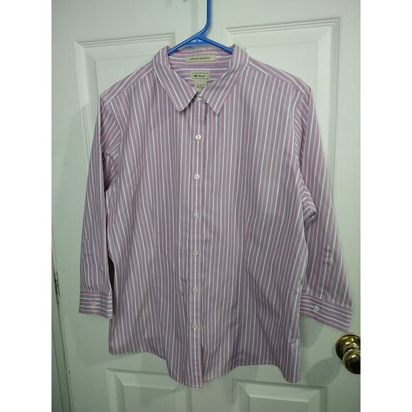 L.L. Bean Woman L Shirt Purple Pink Striped Button 3/4 Sleeve Wrinkle Resistant - Picture 1 of 8